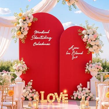 Imagem de Conjunto de 2 capas de fundo de arco vermelho - Capas de arco vermelho de 2,2 m e 1,8 m de tecido elástico de elastano para cerimônia de casamento, chá de bebê, festa de aniversário, decorações de