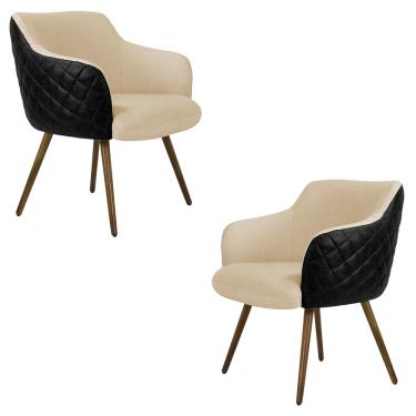 Imagem de Kit 2 Poltronas Decorativas Kitana Pés Palito Couro/Linho Preto/Bege - Gran Belo