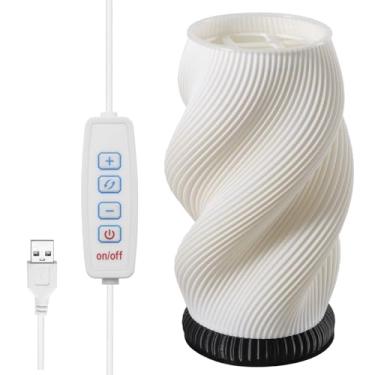 Imagem de Candeeiro de cabeceira com base de madeira, 3 cores ajustáveis, luminária de mesa de cabeceira com carregamento USB com abajur PLA, candeeiro de mesa de cabeceira embutido copo hidropônico removível