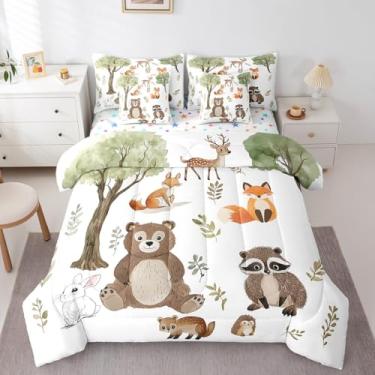 Imagem de jejeloiu Jogo de cama solteiro de animais da floresta com estampa de raposa, urso e raposa, 7 peças, para crianças, meninos e meninas