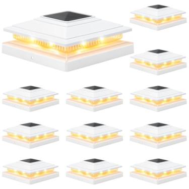 Imagem de APONUO Pacote com 12 lâmpadas de poste solares brancas IP64 à prova d'água com 16 postes de cerca de LED para postes de madeira/vinil, 10 x 15 x 15, postes de madeira/vinil, 2 modos de poste de