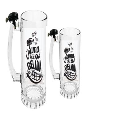 Imagem de Kit Caneca Chopp Campainha Chama Sino Vidro Premium Copo Vidro Cerveja 450ml
