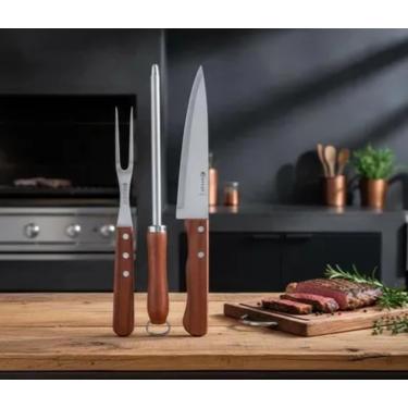 Imagem de Kit Churrasco Profissional 3 Peças, Faca Trinchante, Garfo e Chaira em Aço Inox com Cabo de Madeira, 25,5-30cm, para Churrasqueiros e Chefs