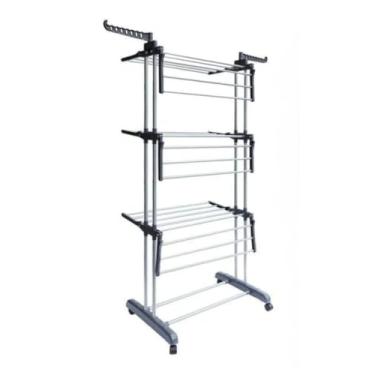 Imagem de Varal de Chão Dobrável 3 Andares com 4 Rodas e Reforço Duplo | Varal Interno Resistente para Secagem de Roupas(Cinza)