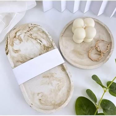 Imagem de Kit Bandeja de Concreto Cimento Redonda e Oval - Decoração Elegante para Banheiro e Escritório - Artesanal e Impermeabilizada (Marmorizado Bege)