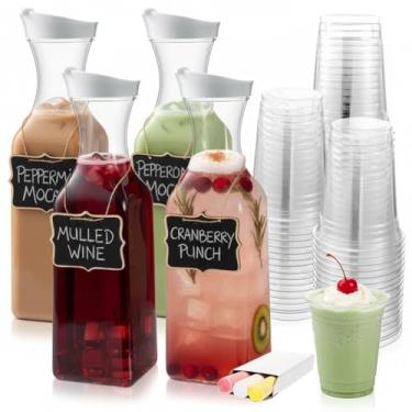 Imagem de Chengu Pacote com 4 jarra de água de plástico de 1,417 g com tampa e etiqueta de copos, jarro de plástico transparente com tampa, etiquetas para pendurar, recipientes de bebidas para geladeira, Mimosa
