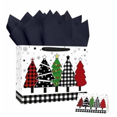 Imagem de MUNILAIL Saco de presente de Natal de 33 cm com alça de papel de seda e cartão de felicitações grande saco de presente de papel