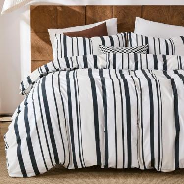 Imagem de Merryword Conjunto de capa de edredom listrado preto e branco tamanho Queen - Conjunto de capa de edredom 100% algodão com design listrado vertical, capa de edredom macia e respirável para todas as