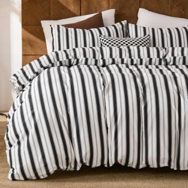 Imagem de Merryword Conjunto de capa de edredom 100% algodão king size - conjunto de capa de edredom listrado preto e branco, capa de edredom minimalista moderna com risca de risca de almofada, conjunto de cama