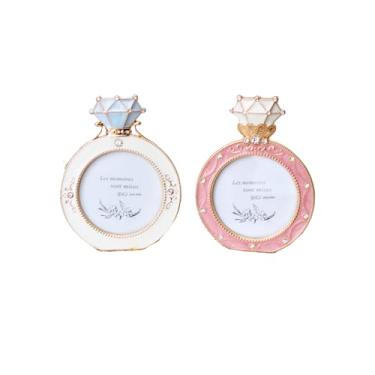Imagem de IELEPHONIX Molduras decorativas de anel de diamante, 6,3 cm, branco e rosa, conjunto de 2, mini exibição de fotos com detalhes de cristal (anel de diamante azul dourado rosa)