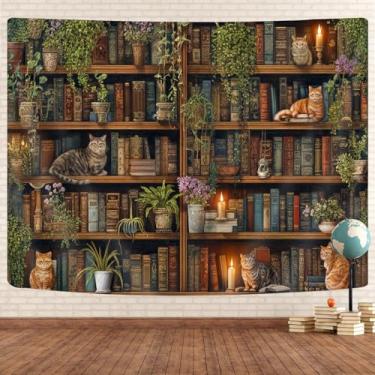 Imagem de GOAOK Tapeçaria de biblioteca mágica, tapeçarias de estante de plantas de natureza verde para sala de aula, vintage retro livro biblioteca bruxa gótica acadêmica tapeçaria de gato para quarto sala de