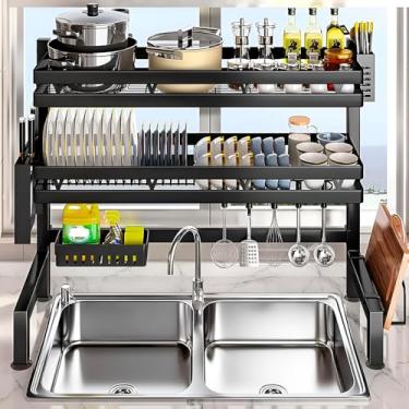 Imagem de Escorredor de Louça Over-Sink, Aço Inox Preto, 95x72x27,5cm, Organizador de Cozinha com Suporte para 16 Pratos, Copos, Talheres, Capacidade 30kg