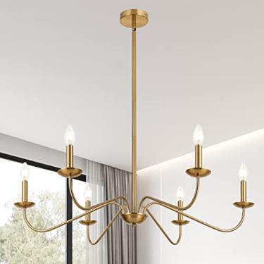 Imagem de 6 lustres de ouro modernos, lustre de latão escovado grande de 85 cm para teto inclinado, lustre de luz para sala de jantar, ilha de cozinha, sala de estar
