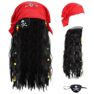 Imagem de Peruca pirata com bandana vermelha e tapa-olho de caveira - Adulto - y