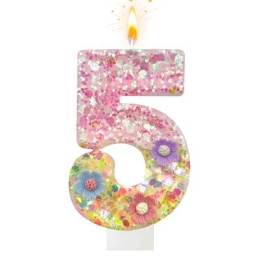 Imagem de Velas de aniversário de flores silvestres – Vela número 5 para topos de bolo, velas de macaron para decorações de festa temática doce, aniversário de casamento e outras celebrações (5 velas)
