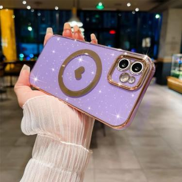 Imagem de MGQILING Capa com glitter magnético galvanizado para iPhone 12 de 6,1 polegadas [compatível com carregamento sem fio] Capa brilhante à prova de choque com antiamarelamento, estampa de coração de amor