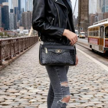 Imagem de Bolsas transversais femininas de couro PU de grande capacidade, bolsa xadrez bordô e preta estilo transversal, Preto, 1