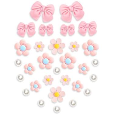 Imagem de Acwenie Conjunto de 30 peças de pingentes de resina para meninas, lindos acessórios de flores de laço rosa para sandálias de tamanco, decoração de pérolas para mulheres, lembrancinha de festa DIY