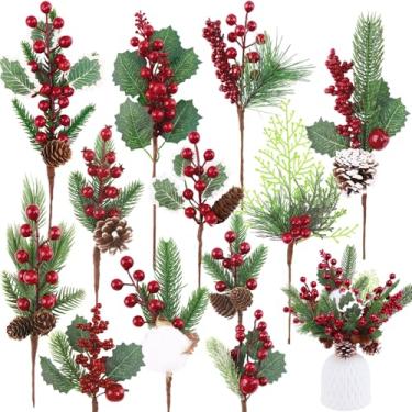 Imagem de MEMOVAN Palhetas e sprays de Natal, agulhas artificiais de pinheiro, ramos, bagas, caules vermelhos com baga vermelha, pinha, azevinho, palitos florais de Natal para artesanato, arranjo de flores