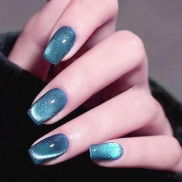 Imagem de 30 peças de unhas postiças quadradas curtas francesas, unhas postiças de cristal azul, unha falsa olho de gato com glitter com adesivos de cola, acrílico natural reutilizável, cobertura completa para