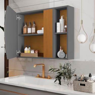 Imagem de Armário Banheiro com Espelho e Prateleira Branco Carolina, Espelheira com Nichos Mobishop, Gabinete de Parede Suspenso, Organizador Multiuso (Cinza)