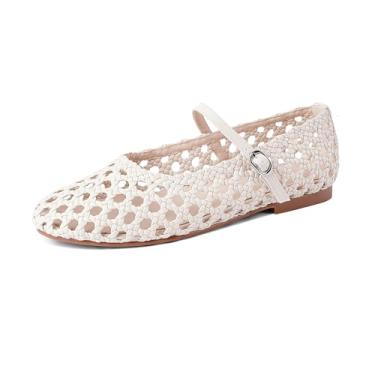 Imagem de Gothictor Sapatilhas de balé de malha para mulheres, bico redondo, arrastão, bailarina, tira com fivela, casual, confortável, para escritório, Mary Jane, sapatos rasos, Tecido bege, 39