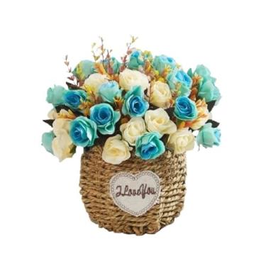 Imagem de Flores artificiais Rosas simuladas, sala de estar, mesa jantar, arranjo flores, decoração casa, vasos plantas(Blue)