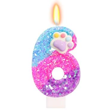 Imagem de FAMGift Velas fofas de aniversário de pata – Vela número 6, topo de bolo de pata de gato e cachorro, decorações de aniversário com tema de desenho animado para meninos e meninas