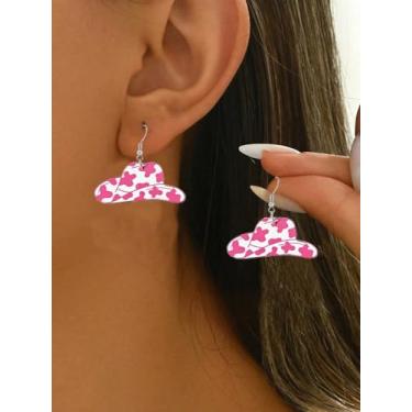 Imagem de Brincos de chapéu de cowboy rosa – Padrão de coração moderno, leve, design divertido – Perfeito para roupas casuais ou temáticas (1 par)