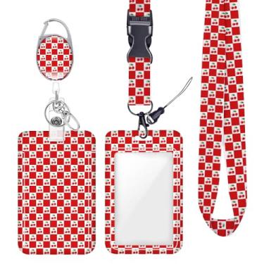 Imagem de Porta-crachá de identificação cereja quadriculado para crachá para crachás de identificação, chaveiro, protetor vertical, mosquetão, clipes retráteis, cordão de chave resistente para mulheres, editora