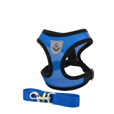 Imagem de Peitoral com Coleira Ajustável em Malha Respirável, Azul e Preto, com Alça de Passeio para Cães, Fecho de Segurança com Emblema de Pata