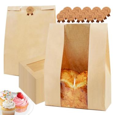 Imagem de Pacote com 60 sacos de pão grandes de 35,5 x 21 x 9 cm para pão caseiro, sacos de pão de padaria de papel kraft com janela transparente e trava de lata, sacos de armazenamento de biscoitos e lanches