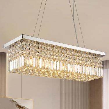 Imagem de PAFRUMGE Lustre Retangular De Cristal Para Sala De Jantar, Lustre Moderno De Cristal K9 Grande De 31'', Luminária Pendente Retangular Para Ilha De Cozinha, Sala De Estar, Cromo Polido