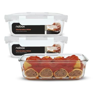 Imagem de 3 Potes De Vidro Hermético Trava Rotação 180º Marmita 1040ml (Branco)