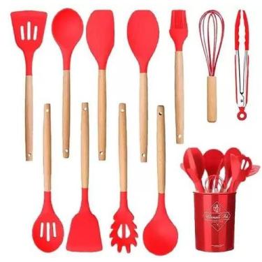 Imagem de Kit de Utensílios Para Cozinha 12 Peças, de Silicone e Cabo de Madeira