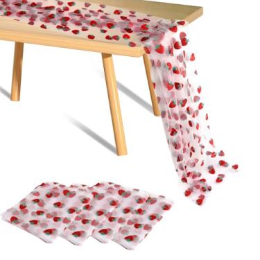 Imagem de MOCCOOL Pacote com 4 toalhas de mesa rosa de morango e tule com glitter, 73,6 x 178 cm, toalha de mesa de renda brilhante para aniversário, festa de casamento, decoração de mesa de cozinha