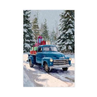 Imagem de UZWGG 1 peça de arte de parede de inverno sem moldura caminhão azul e caixa de presente impressão em tela de imagem de Natal decoração de parede para sala de estar quarto decoração de casa e pendurar