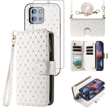 Imagem de Asuwish Capa de celular para Motorola Moto G 5G 2025 com zíper carteira magnética destacável com protetor de tela, alça transversal com cordão de glitter, compartimentos para cartão G5G 5 G G5