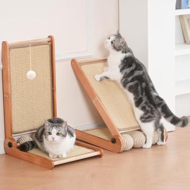 Imagem de Arranhador de sisal grande para gatos de madeira maciça em forma de L - base de madeira de faia, almofada de arranhar de tecido de sisal natural, durável, protetor de móveis para garras e brincadeiras