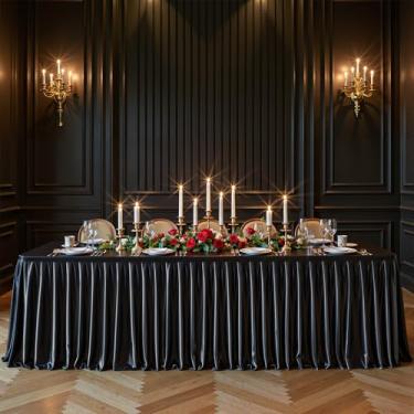 Imagem de Toalhas de mesa retangulares de cetim preto, 1,8 m, capas de mesa elásticas com glitter, sem rugas, comprimento até o chão, saia de mesa brilhante para casamentos, festas de chá de bebê, banquetes