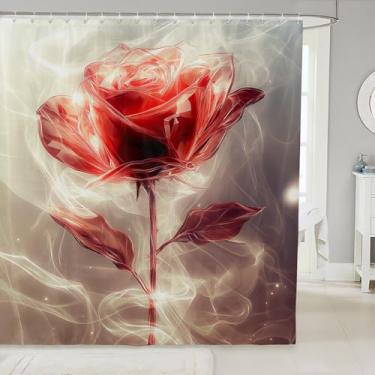 Imagem de Erosebridal Cortina de chuveiro de tecido rosa vermelha, cortina de chuveiro romântica com tema de dia dos namorados, cortinas de banheiro à prova d'água floral rosa aquarela, conjuntos de cortina de