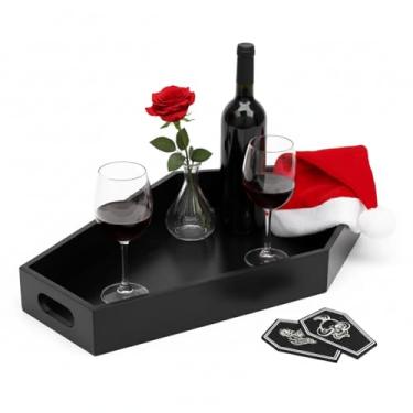 Imagem de Gothelia Bandeja de caixão de bambu – Bandeja de servir caixão gótico de tamanho médio com 2 porta-copos de caixão, bandeja assustadora para decoração de casa gótica de Halloween