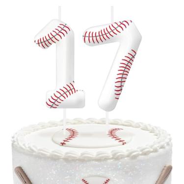 Imagem de Velas de aniversário de beisebol número 17, topo de bolo com tema de beisebol para meninos e meninas, decorações de bolo para aniversários, suprimentos de festa com tema esportivo, velas para