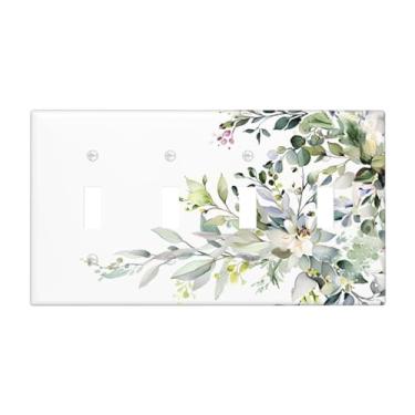 Imagem de VGHOKO Capa decorativa de placa de interruptor com folhas de eucalipto de vegetação minimalista e design floral branco, placa de parede artística de 4 grupos, capas exclusivas para interruptor de luz