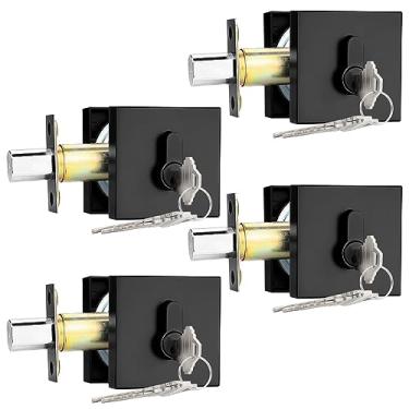 Imagem de Probrico Fechaduras de cilindro duplo com chave (pacote com 4) Fechaduras de entrada e porta da frente Conjunto quadrado preto com as mesmas chaves, ferragens antifurto para portas internas e externas