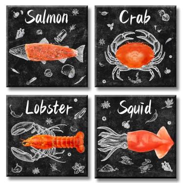 Imagem de DJSYLIFE Decoração de parede de cozinha preto e branco arte de parede peixe fresco salmão caranguejo lagosta lula imagem impressão em tela pinturas para café sala de jantar restaurante fazenda