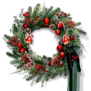 Imagem de Guirlanda de Natal para porta da frente, decoração de guirlanda de porta de Natal com enfeites de bola, doces vermelhos e brancos, pinhas e laço, decoração de férias