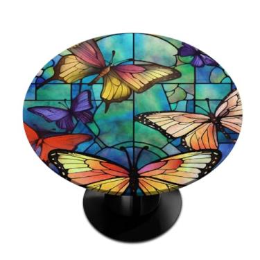 Imagem de Toalha de mesa redonda com borda elástica animal borboleta coloful vidro pequena capa de mesa redonda ajustável toalha de mesa redonda limpa para pátio interno e externo decoração de cozinha para