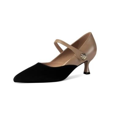 Imagem de TinaCus Sapato feminino de camurça e couro legítimo, bico fino, feito à mão, salto gatinho, Damasco, 35