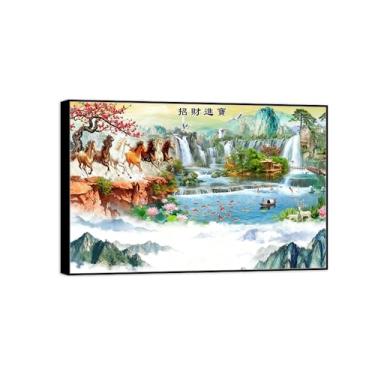 Imagem de Chinoiserie Arte de parede paisagem imagem em tela - cavalo lago montanha - pintura chinesa - impressões em moldura preta para decoração de casa 20 x 30 cm 8 x 12 pol